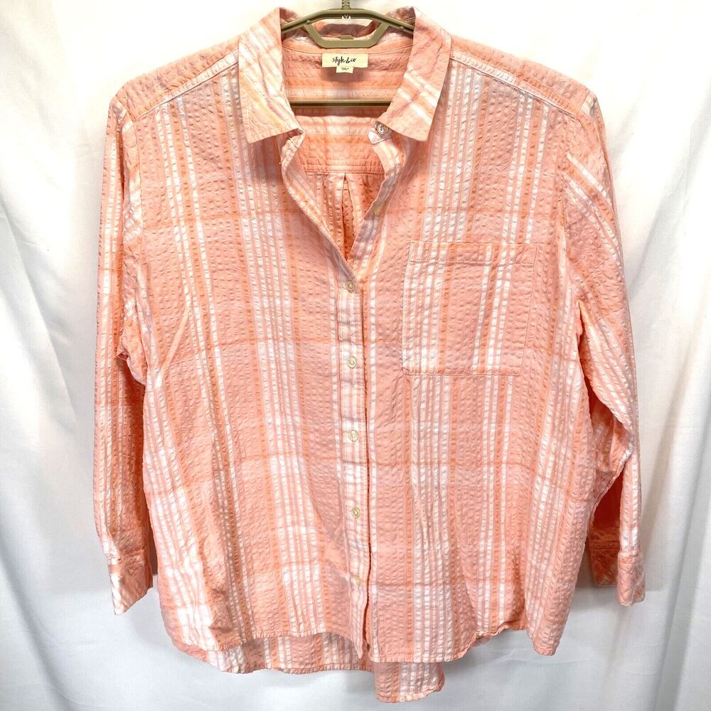 Style & Co Top Women 3X Stripe Button-Up Shirt Long Sleeve Pocket Collar Orange